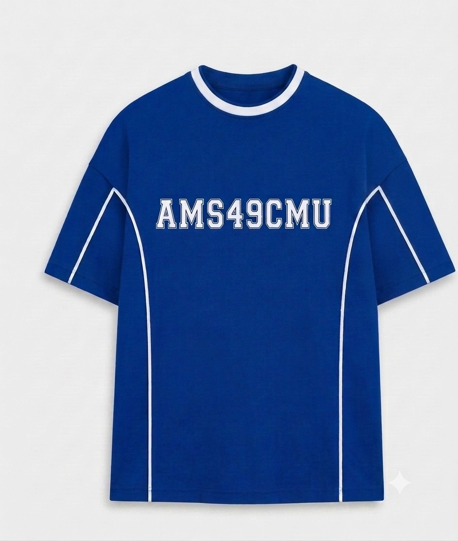 เสื้อรุ่น AMS49 ด้านหน้า สีน้ำเงินกรม สกรีน AMS49CMU ที่หน้าอก